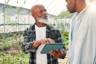 Talking, black people or tablet in greenhouse for...