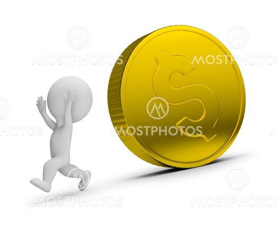 3d small people - runs away from the rolling coin
