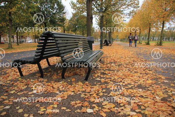 Black bench and walking couple in fall in the town.