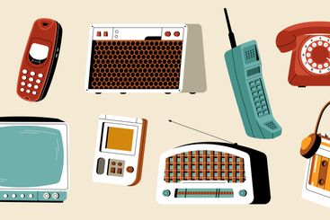 Retro gadgets. Vintage 90s hipster technology stickers,...