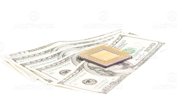 micro chip with dollar bills isolated on white background