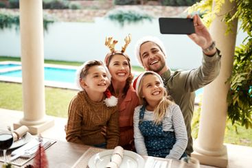 Family, happy and selfie for Christmas, bonding and joy...