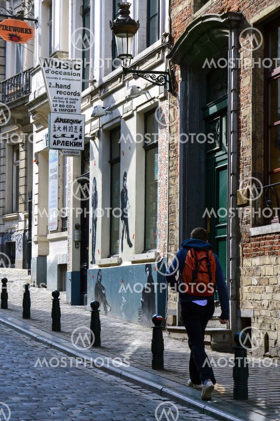 Brussels, Belgium - April 2015: Preserved old European-style residential and commercial buildings on streets of Brussels City, Belgium