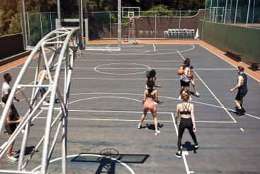 People, basketball and playing games for fun, community...