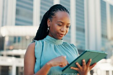 Scroll, tablet and business with black woman in city for...