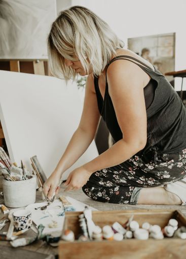 Home, creative and woman with art, painting and color...