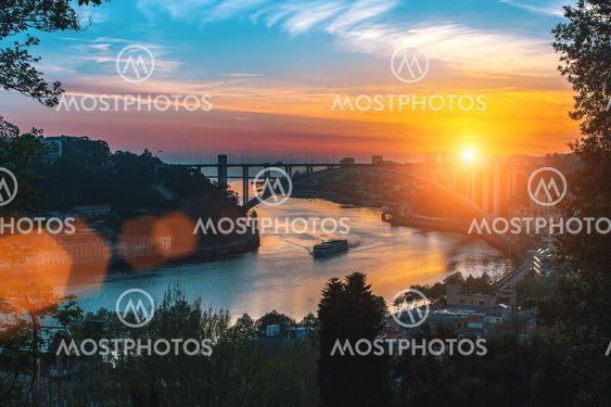 View of the Douro river at sunset, Porto, Portugal.