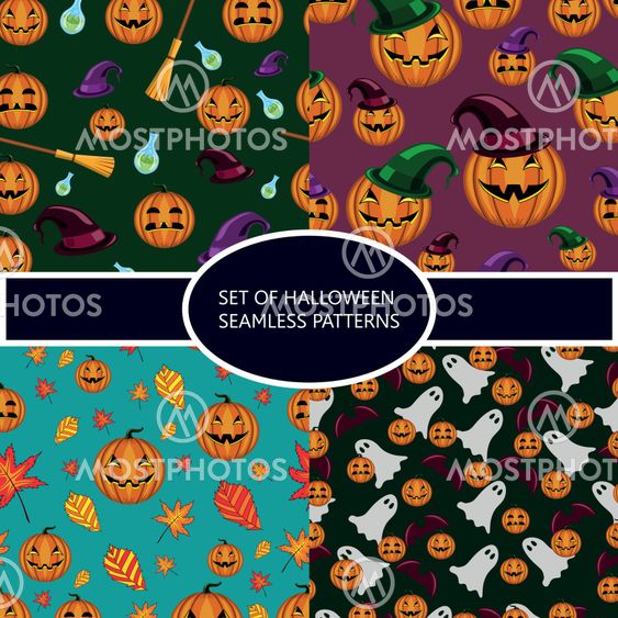 Set of seamless patterns with pumpkin halloween