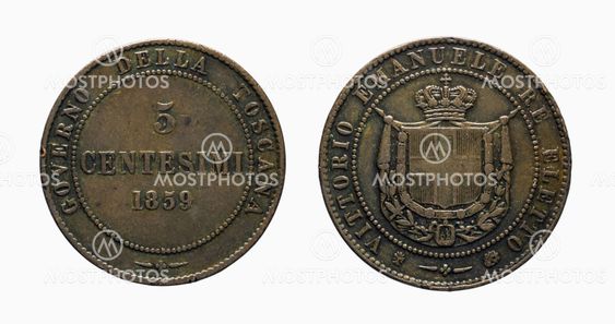 Five 5 cents Lire Savoy Copper Coin 1859 Vittorio...