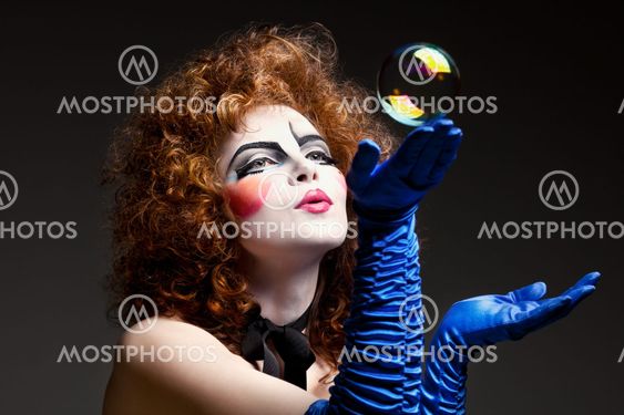 woman mime with soap bubbles.