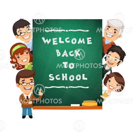 Teacher Points to the Blackboard with Welcome Back to School Phr