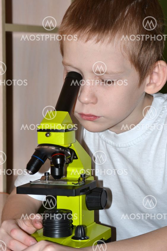 The boy looks in a microscope