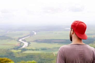 Back, fresh air and man in nature, travel and tourism of...