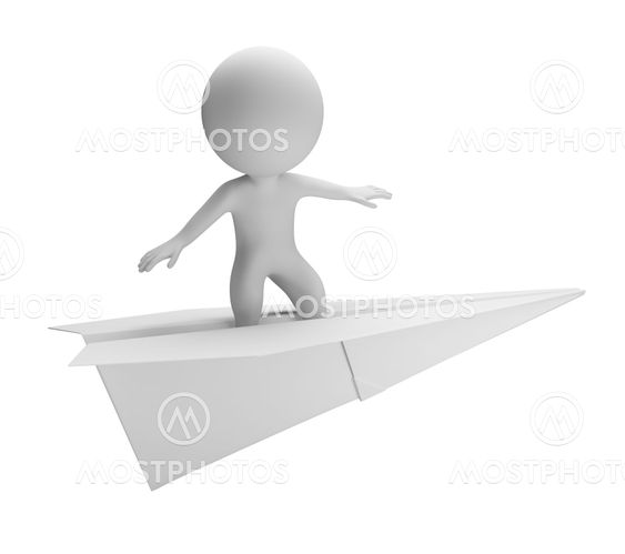 3d small people - flying on a paper plane