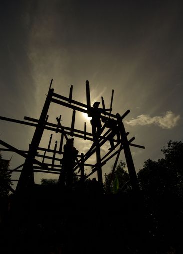 Construction work overtime and workers work in the evening
