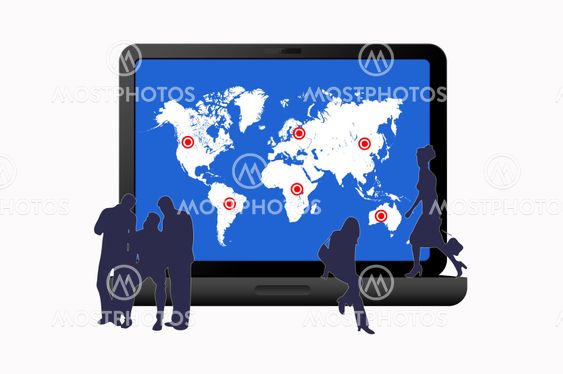 Silhouettes people with laptop has a map