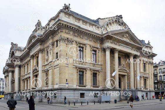 Brussels, Belgium - April 2015: Classic old building houses the Brussels Stock Exchange built in the Neo-Renaissance and Second Empire architectural styles located near the Grand Place in Brussels, Belgium