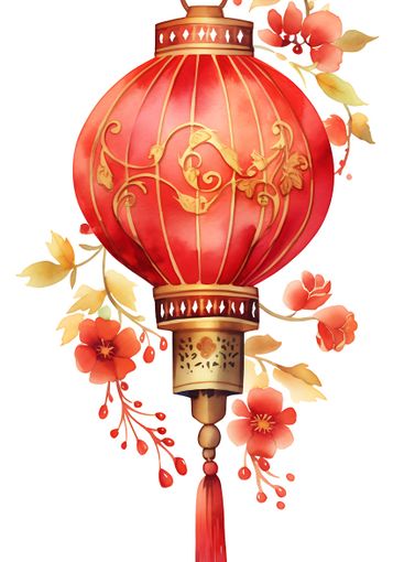 Red chinese lantern hanging with red tassel and flowers...
