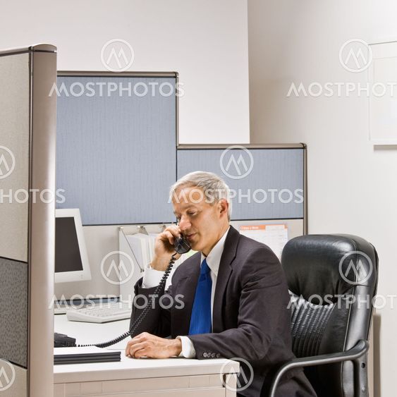 Businessman talking on telephone at desk