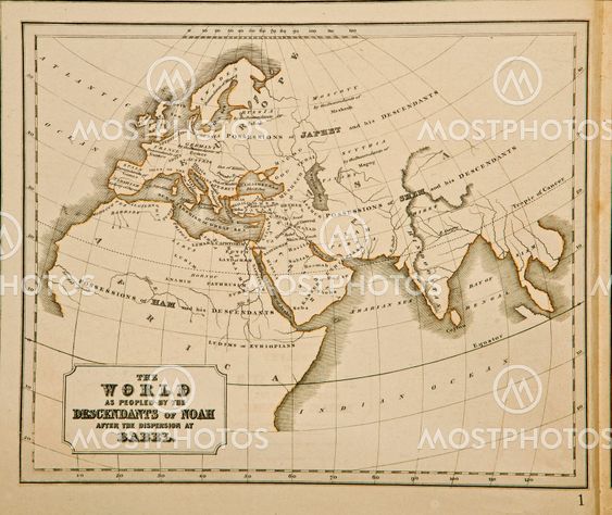 The world as peopled by the Descendants of Noah after the the despersion at babel.Ancient map of the world . Published by George Philip and son at London 1857 and are not subject to copyright.