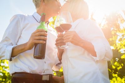 Senior couple toasting with wine glasses in vineyard