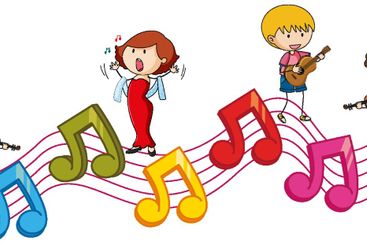 Colourful musical melody symbols with many doodle kids...