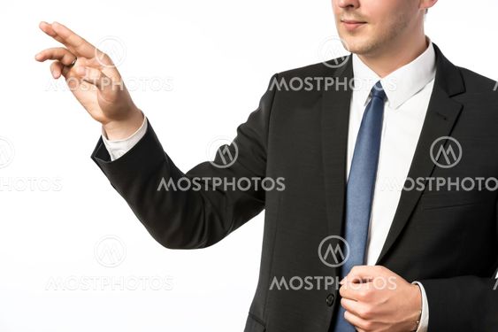 Closeup businessman holding his right hand up