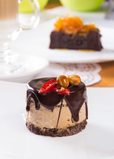 Round mini chocolate souffle cake close up