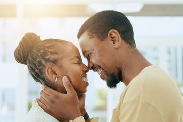 Love, nose or happy black couple in home living room...