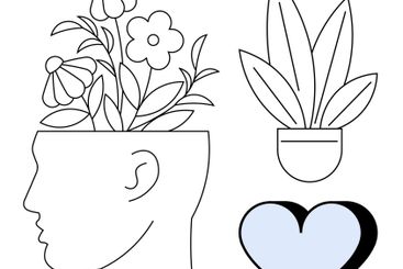 Human head with blooming flowers, potted plant, and...