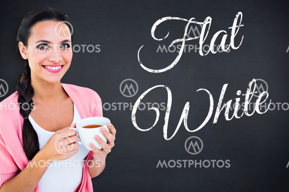 Composite image of pretty brunette holding a mug