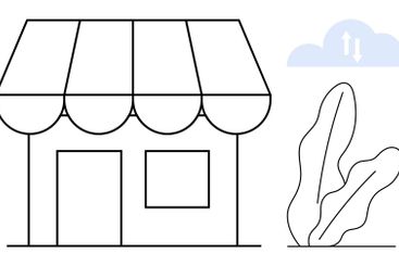 Small storefront with striped canopy, cloud data sync...