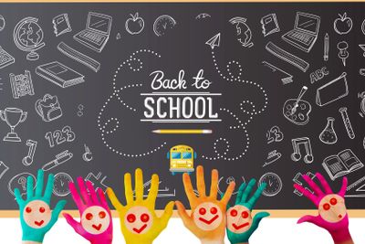 Composite image of hands with colourful smiley faces