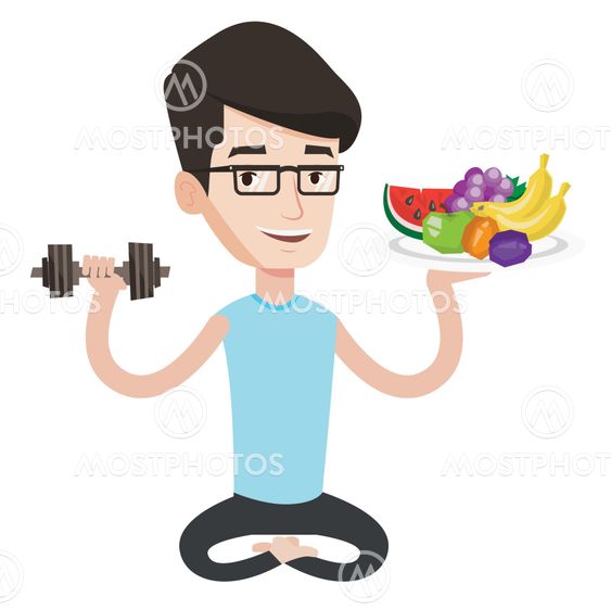 Healthy man with fruits and dumbbell.