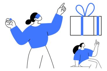 Woman pointing at gift box and sitting while gesturing,...