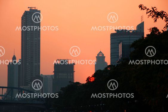 Sunset over Pearl river. Summertime evening in Guangzhou