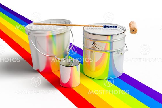 Bucket with paint, roller, and rainbows colors