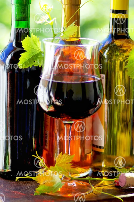 Red wine glass and grapevine leaves