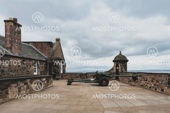 One O'Clock Gun at Mills Mount Battery inside Edinburgh Castle, popular tourist attraction and landmark of Edinburgh, capital city of Scotland, UK