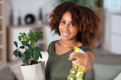 woman watering plant at home