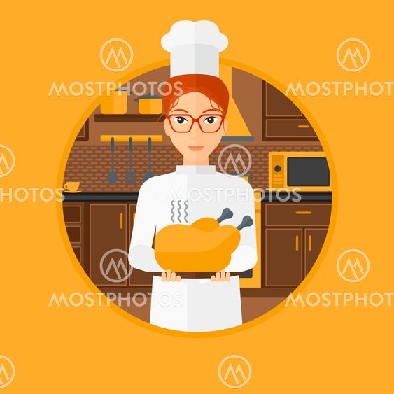 Chief cooker holding roasted chicken.