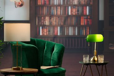 Stylish refined library lounge space featuring vintage...