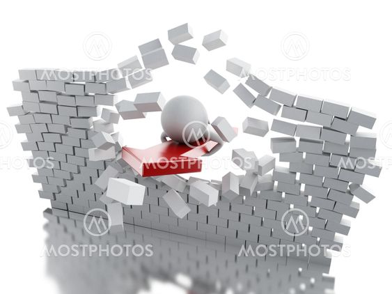 3d White people with red arrow breaking brick wall.