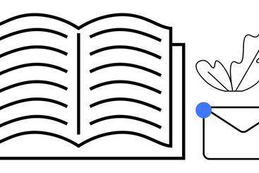 Open book with lines and feather, adjacent to an...