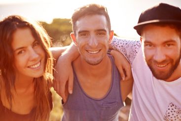 Portrait, people and hug on mountain outdoor of hiking...