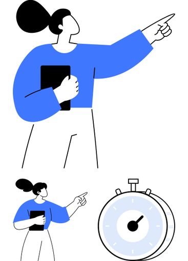 Woman pointing forward holding notebook with stopwatch...