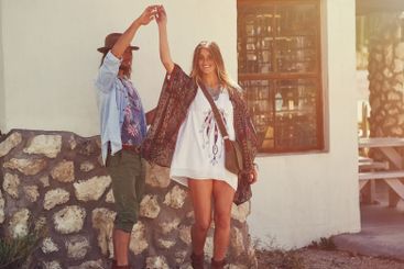 Outdoor, dancing and couple with smile, celebration for...