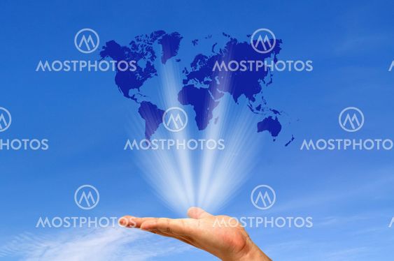 Human hands holding map world