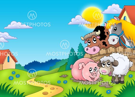 Landscape with various farm animals