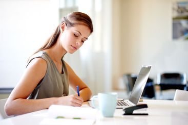 Business woman, notebook and writing feedback for human...